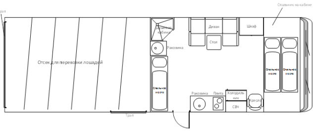 АФ-474410 на шасси MAN - Коневоз с жилым модулем - схема салона